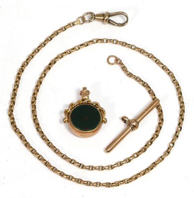 Lot 283 - A belcher chain, with T-bar and clip, stamped '9C', suspending a 9 carat gold hardstone swivel...