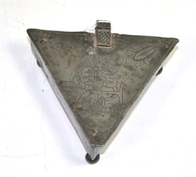 Lot 298 - A pewter spice box and hinged cover, probably Dutch, 17th century, of triangular form engraved with