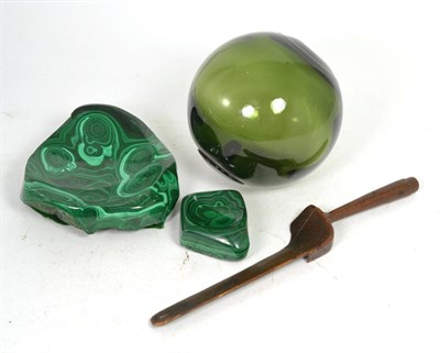 Lot 302 - Two malachite dishes; a knitting sheath and witches ball