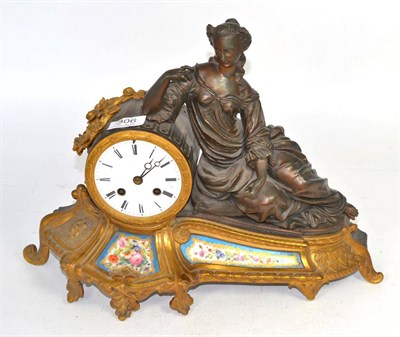 Lot 306 - A gilt metal porcelain mounted figural striking mantel clock, circa 1880