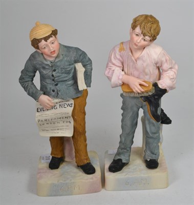 Lot 318 - A pair of Robinson & Leadbeater bisque figures, shoe shine boy and newspaper seller, 33cm...