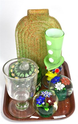 Lot 329 - A small group of glass including a Victorian rummer, two paperweights, a Murano style vase, a...