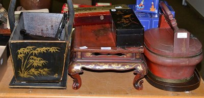 Lot 332 - A Chinese red laquered and gilt stand, 46cm in width, together with assorted lacquer wares...