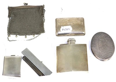 Lot 356 - A silver hip flask; a plated mesh purse; a S M & Co silver pencil; a silver cigarette case; a...