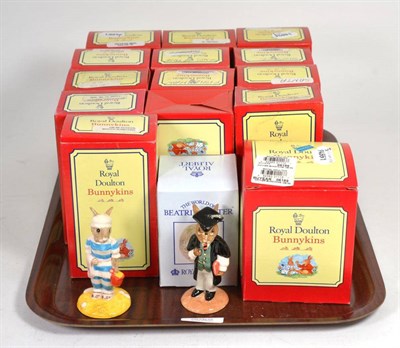 Lot 363 - Fourteen Royal Doulton Bunnykins figures, boxed and a Royal Albert Beatrix figure, boxed