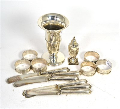 Lot 368 - A silver vase, a silver pepperette, six silver napkin rings, and a set of six silver handled...