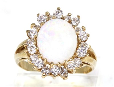 Lot 374 - A 9 carat gold opal and cubic zirconia cluster ring, an oval cabochon opal in a claw setting,...