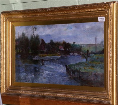 Lot 1003 - Attributed to Joshua Anderson Hague (1850-1916)  Landscape with buildings, signed, oil on canvas