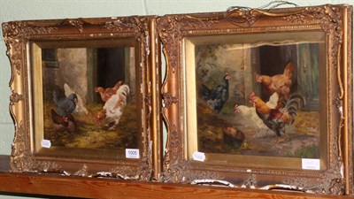 Lot 1005 - H Clark, signed and dated lower right, chickens in a farmyard along with a companion, oil on canvas