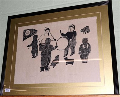 Lot 1016 - Eskimo stone cut print ";Kid Practice Drum"; by Mary Kayukyuk