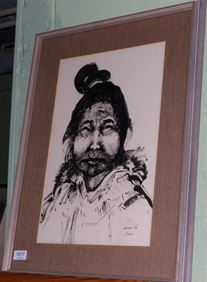 Lot 1017 - Greenlandic Eskimo pen and ink drawing ";Tulupa"; signed and dated aliban 72, lower right