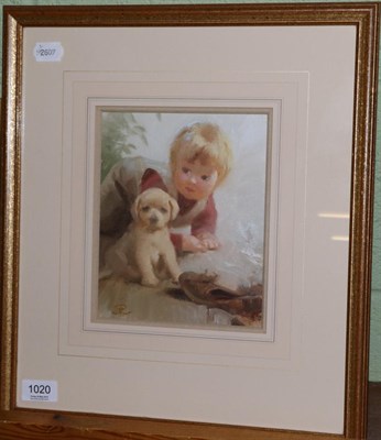 Lot 1020 - John Richard Townsend (1930 - 2013), Young boy with puppy, initialled, oil on canvas board, 20cm by