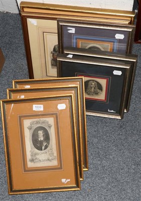 Lot 1033 - Six framed portrait engravings; two Charles II, one Charles I, one Cromwell, and two James II;...