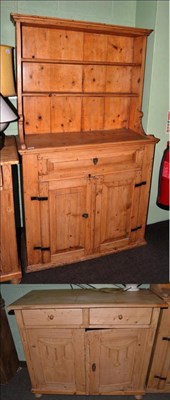 Lot 1125 - A pine dresser of small proportions together with a small farmhouse kitchen sideboard (2)