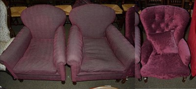 Lot 1166 - A pair of purple upholstered 1920s tub chairs and another button backed chair (3)