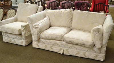 Lot 1169 - Knoll style drop end sofa upholstered in cream floral fabric; and an armchair upholstered to match