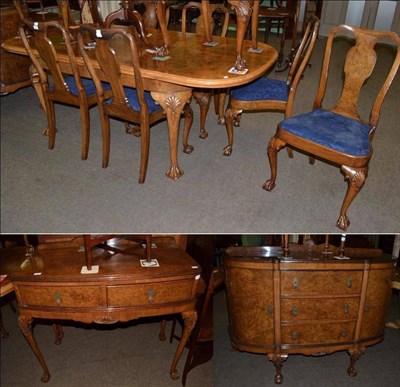 Lot 1197 - A 1930's nine piece figured walnut dining room suite comprising: an extending dining table,...