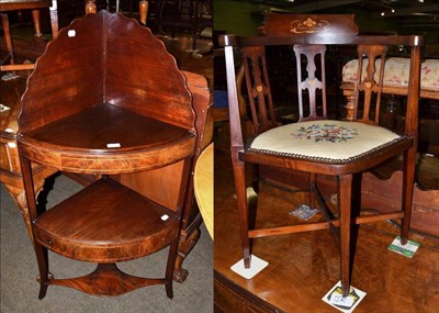 Lot 1202 - A Georgian mahogany corner washstand; and an inlaid mahogany corner chair (2)