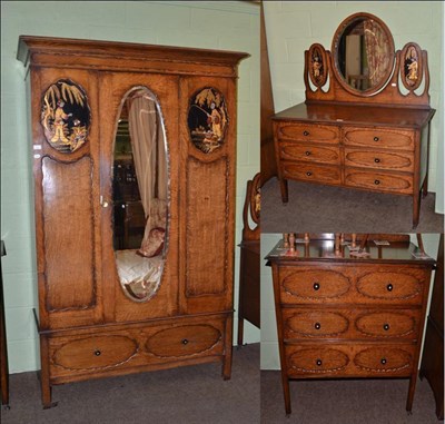 Lot 1210 - Early 20th century chinoiserie oak three piece bedroom suite comprising mirror fronted...