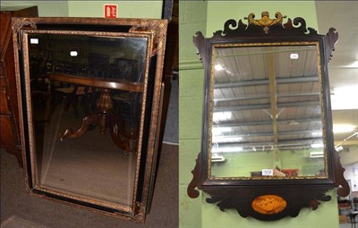 Lot 1218 - George III inlaid mahogany fret work mirror; and a reproduction wall mirror