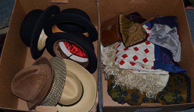 Lot 1239 - Three black bowler hats, panamas, assorted umbrellas, shooting stick, red and white patchwork...