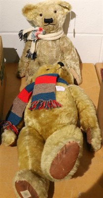 Lot 1263 - Large Chad Valley jointed teddy bear, in yellow plush, with stitched nose, stitched label to...