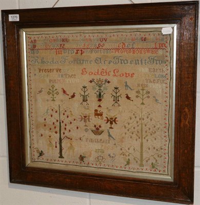 Lot 1270 - A 19th century needlework sampler, worked by Rhoda Fortune, dated 1893, depicting an alphabet above