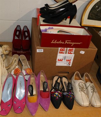 Lot 1276 - Nine pairs of assorted ladies designer shoes, comprising two pairs of Kurt Geiger black court shoes