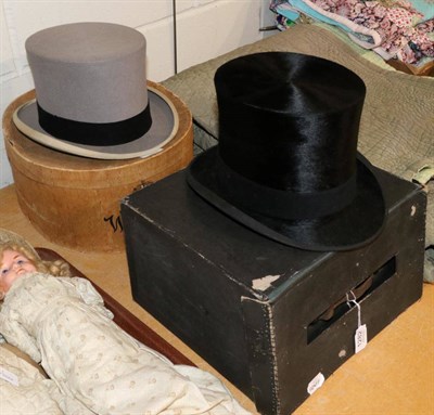 Lot 1282 - Woodrow & Sons black silk top hat and Woodrow of Picadilly grey felt top hat (both in card boxes)