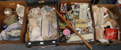 Lot 1294 - Assorted items including lace trims and remnants, embroidered white linen and textiles,...