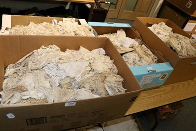 Lot 1309 - Assorted lace trims, edgings, crochet edging and other remnants etc (four boxes)