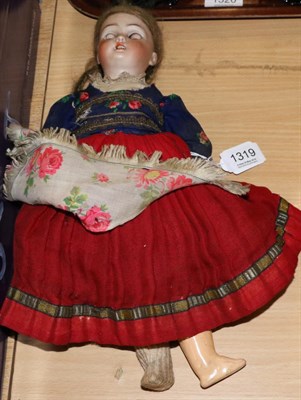 Lot 1319 - Simon & Halbig bisque socket head costume doll, with open mouth, sleeping blue eyes, original...