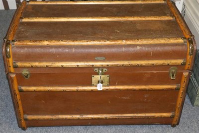 Lot 1334 - Albion wooden bound steamer trunk, with leather handles, 'Strain' painted to the sides, enclosing a