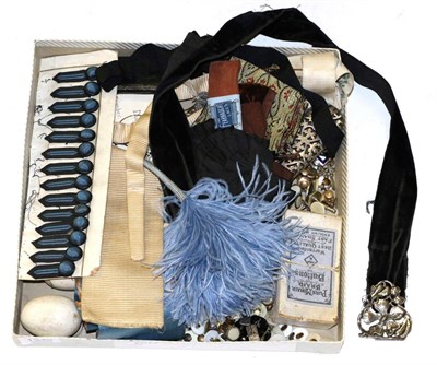 Lot 1340 - Assorted items including dress studs, cufflinks, blue ostrich feather hair piece, plated hinged...