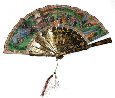 Lot 1346 - A late 19th century Chinese fan, with black and gold lacquered sticks and guards, with hand painted