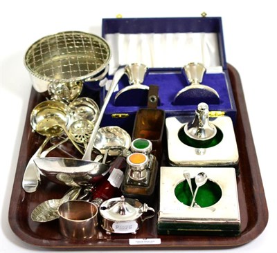 Lot 9 - A quantity of silver and plate including pocket watch stands, cased candlesticks, scent bottle etc