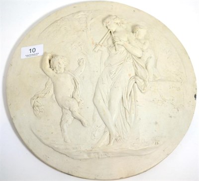 Lot 10 - A cast marble plaque decorated in relief with classical figures, signed B W '79, inset verso with a