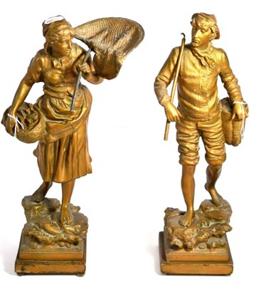 Lot 11 - A pair of patinated spelter figures of a fisherman and his wife