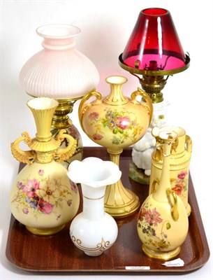Lot 14 - Four pieces of Royal Worcester blush ivory (a.f.), two small oil lamps, one with cat form base...