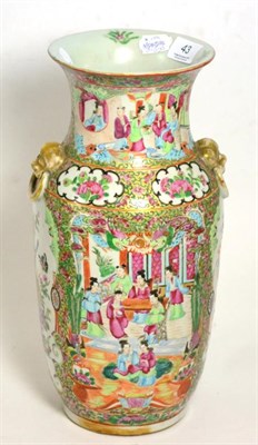 Lot 43 - A Canton famille rose porcelain baluster vase with twin ring and mask handles, circa 1900...