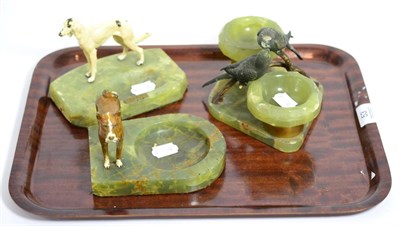 Lot 53 - A cold painted bronze model of a Saluki dog mounted on a green onyx ashtray, a cold painted...