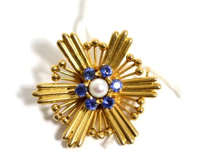Lot 86 - A 9 carat gold cultured pearl and sapphire brooch, 2.5cm diameter