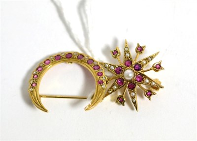 Lot 90 - A 9 carat gold Victorian revival, ruby and split pearl star brooch, measures 2.5cm in diameter...