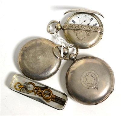 Lot 96 - Two silver pocket watches and an unusual plated pocket watch with a shutter opening front cover (3)