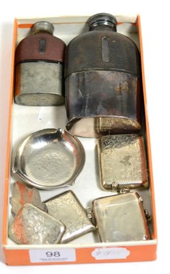 Lot 98 - A small KSIA hammered ashtray, silver leaf brooch, four silver vestas and two pewter mounted flasks