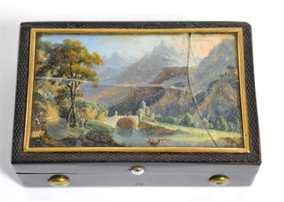 Lot 119 - A small Swiss cylinder music box, the composite case, possibly bois durci, inset with a painted...
