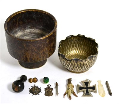 Lot 130 - Various items including Iron Cross, silver fobs, studio pottery, bowl etc