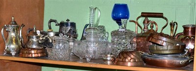 Lot 138 - Two shelves containing copper jelly molds, silver plated teawares, cut glass, ceramics, etc