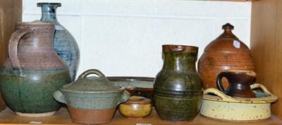 Lot 154 - A shelf of Studio pottery including a Trevor Corser St Ives Studio bowl and vase (both a.f.)...