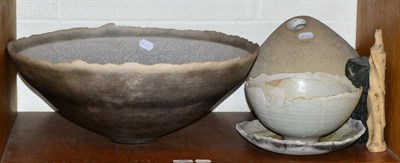 Lot 156 - A large Raku glazed bowl and six other pieces of sculptural Studio pottery
